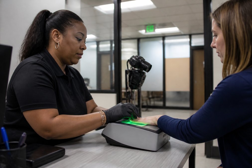 Professional fingerprint technician capturing digital fingerprints using live scan technology, with applicant's hand positioned on scanner in modern office setting with bright overhead lighting