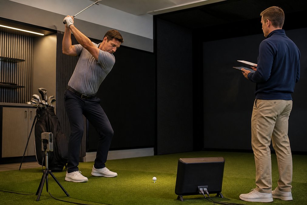 Golfer mid-swing in a professional studio being fitted for golf clubs with a coach and Trackman monitor.