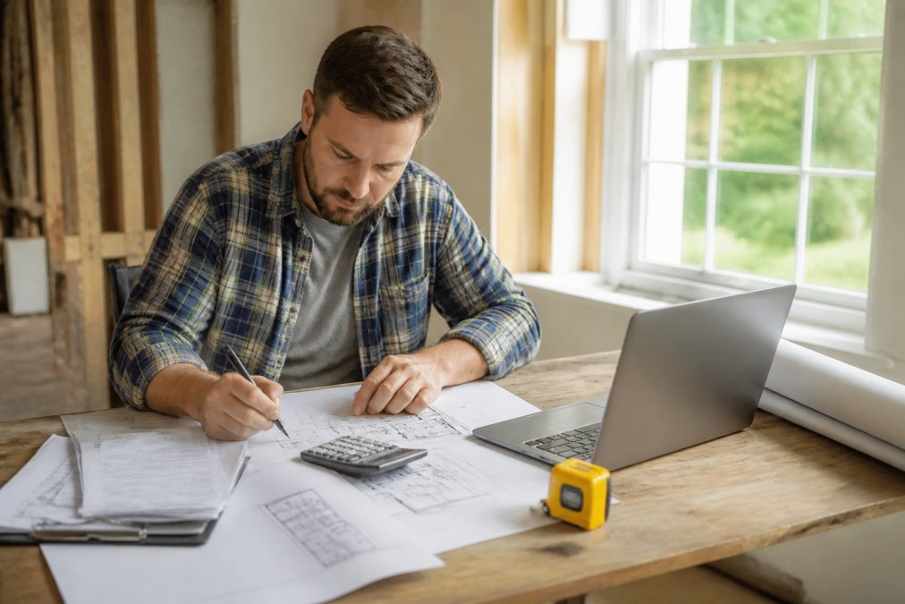A real estate investor reviewing renovation plans and financial documents at a table with a laptop and calculator, bright natural light from a window
