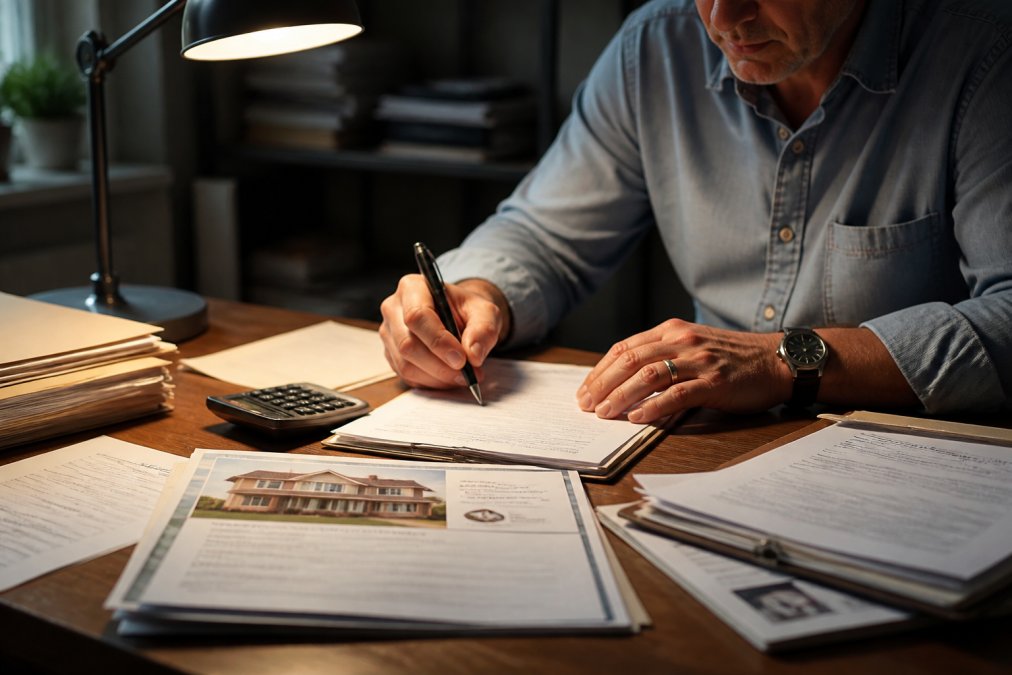 Real estate investor reviewing financial documents and closing paperwork with a pen, calculator, and property appraisal report on a wooden desk under desk lamp lighting