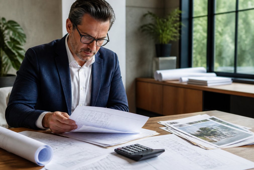 Professional real estate investor reviewing property documents and loan terms on a laptop at a desk with blueprints, calculator, and architectural drawings under natural office lighting
