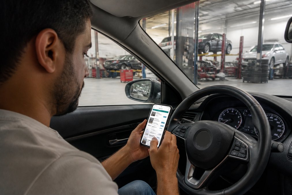 A person sitting in a parked car in a Dubai street, holding a smartphone and scrolling through a garage comparison app, with a well-lit workshop visible through the windscreen in the background