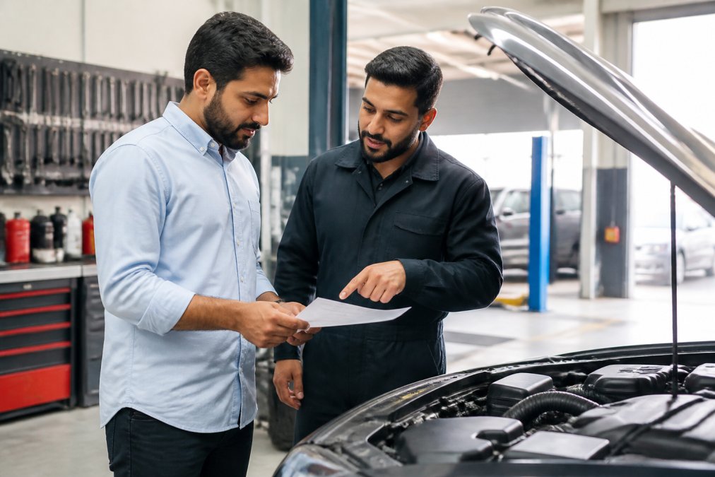 A car owner and a mechanic standing beside an open car bonnet in a bright, well-organised Dubai workshop, both looking at a printed quote sheet, the mechanic pointing to a line item