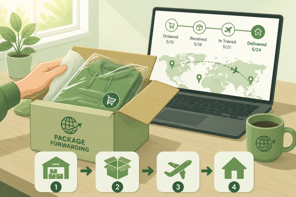 Hands of a person at a desk opening a delivered cardboard shipping box, with a laptop showing an order tracking page in the background, warm natural light from a nearby window