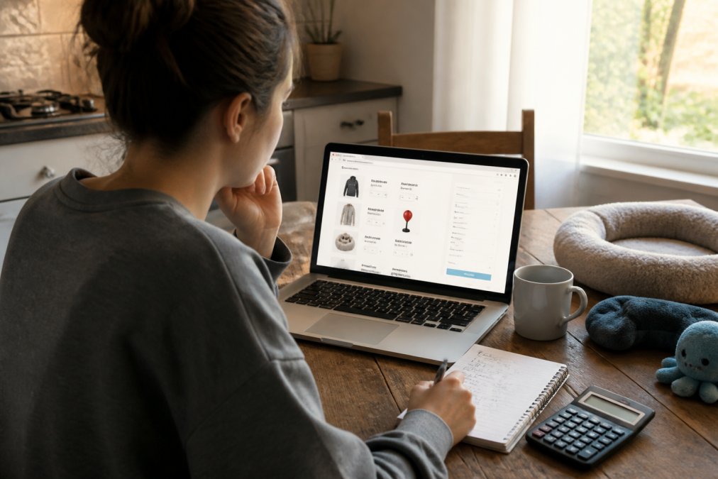 A person sitting at a kitchen table reviewing an online shopping cart on a laptop, with a notepad and pen beside them showing handwritten cost notes, warm afternoon light coming through a window