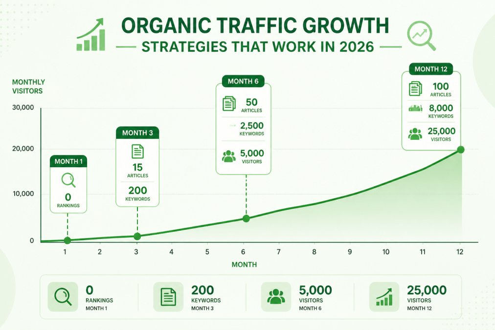 Line chart showing typical organic traffic growth trajectory over 12 months with key milestones marked: Month 1 (keyword research complete, 0 rankings), Month 3 (15 articles published, 200 keywords ranking), Month 6 (50 articles published, 2,500 keywords ranking, 5,000 monthly visitors), Month 12 (100 articles published, 8,000 keywords ranking, 25,000 monthly visitors)