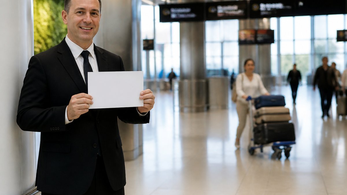 Uniformed chauffeur holding a name sign for a Gold Coast Airport transfer in the arrivals hall