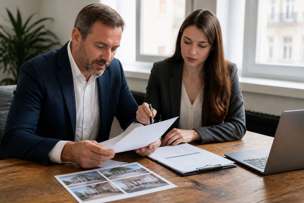 Professional landlord and property manager reviewing lease agreement documents at wooden desk with laptop, property inspection reports, and pen visible in modern office setting with natural window lighting