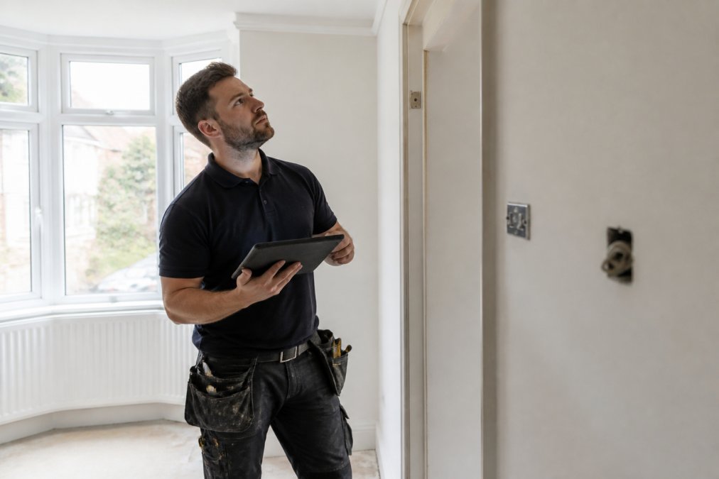 Professional property manager conducting detailed residential property inspection, carefully examining walls, fixtures, and structural elements with clipboard and inspection tools in well-lit room