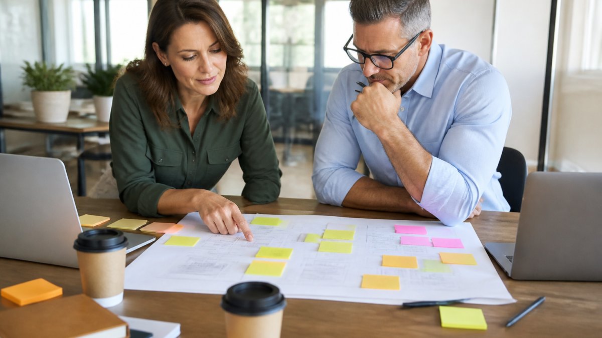 A small business owner and an operations manager reviewing a printed workflow map on a desk covered with sticky notes, laptops, and coffee cups in a bright office