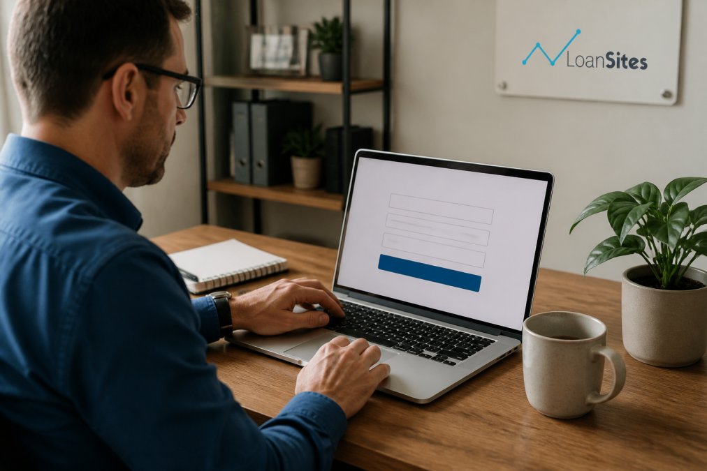 Professional loan officer reviewing mortgage lead capture form on laptop screen showing simplified three-field design with clear submit button