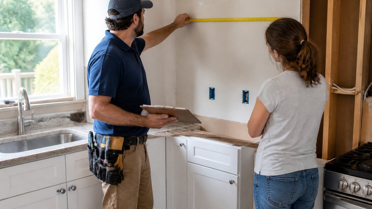 A contractor in work clothes holding a clipboard and measuring a kitchen wall while a homeowner looks on, natural daylight through a window