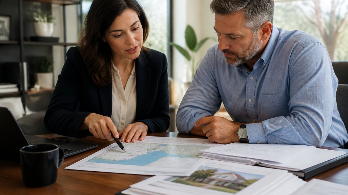 Homeowner and insurance agent reviewing flood maps and property documents at a desk with a laptop and coffee, natural office lighting