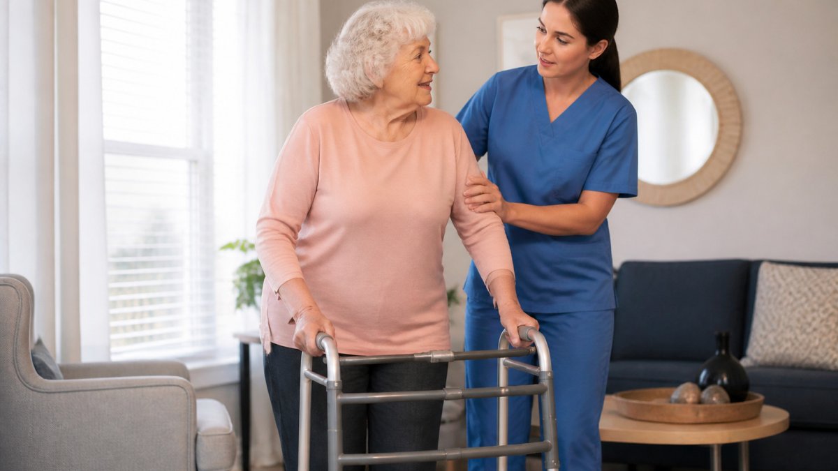 Physical therapist guiding an older woman through exercises during in-home physical therapy in a bright living room