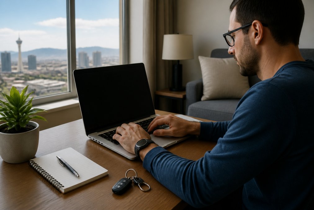 A person sitting at a home desk in Las Vegas, typing on a laptop with a notepad, pen, and car keys beside them, natural daylight through a window