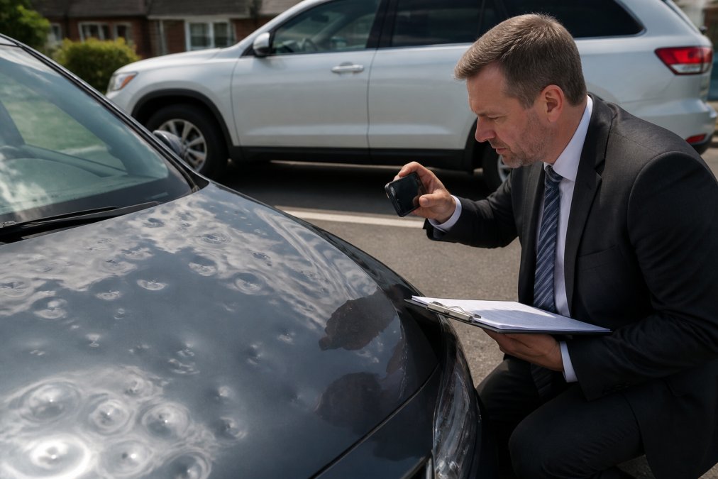 Professional insurance adjuster in business attire inspecting visible hail dents on vehicle hood, taking photographs and notes with clipboard in bright daylight