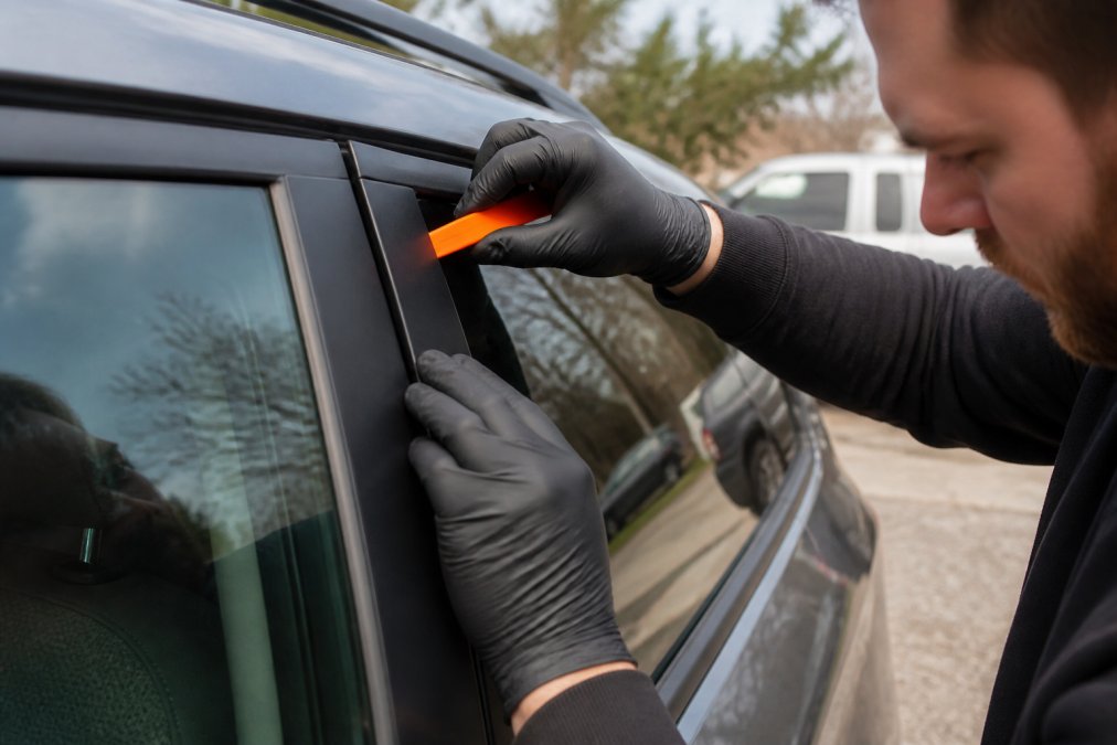 Close-up of a person carefully inserting a thin plastic wedge tool into a car door frame gap near the top corner, with gloved hands and visible focus on avoiding contact with the weather stripping, natural daylight parking lot setting