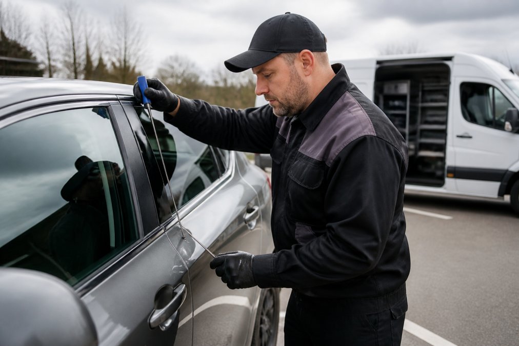 A professional automotive locksmith in a branded uniform using a specialized plastic wedge and reach rod tool at a car door in a well-lit parking lot, looking calm and focused, with a service vehicle visible in the background