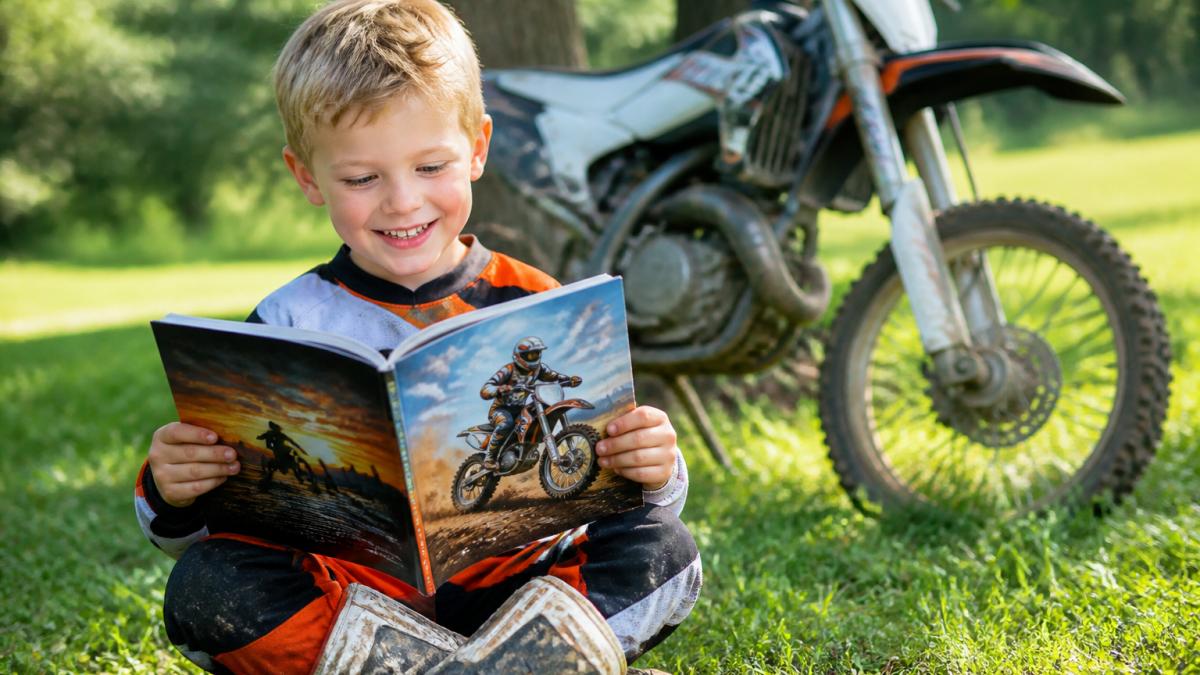 Smiling child reading a motocross storybook outdoors on the grass near a dirt bike