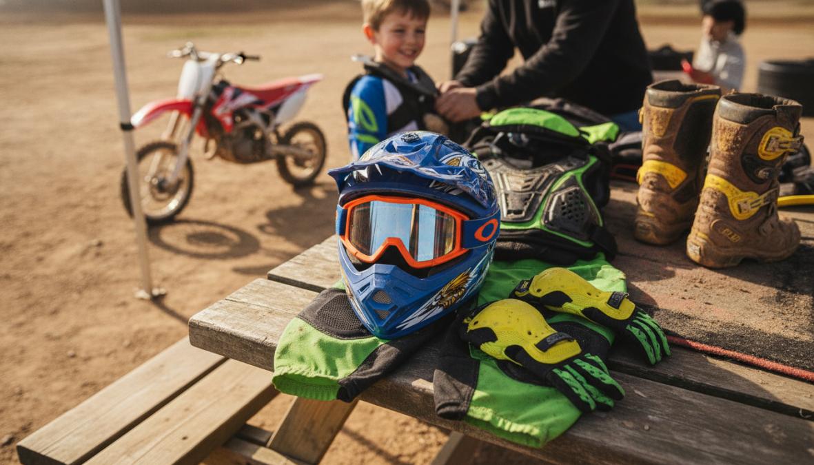 Young child fully geared in motocross safety equipment including helmet with goggles, chest protector, gloves, and boots, standing beside a small dirt bike on a track
