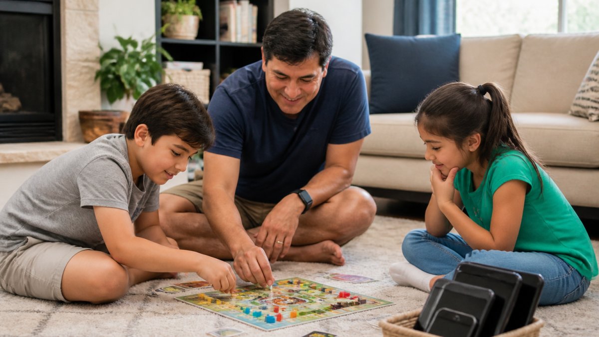 A parent and two children playing a board game together on a living room floor, with a basket holding smartphones and tablets set aside on a shelf in the background