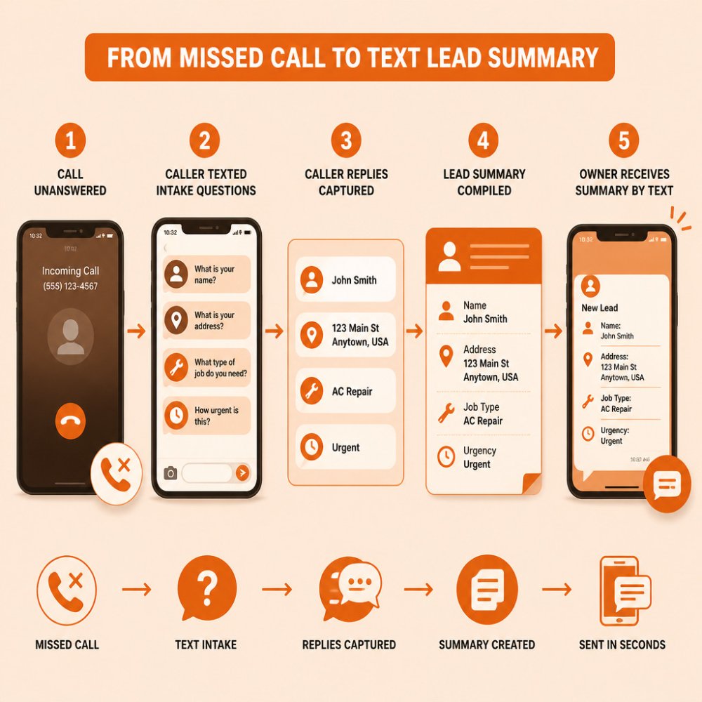 Flowchart showing how missed calls convert into lead details via text for instant owner notifications.