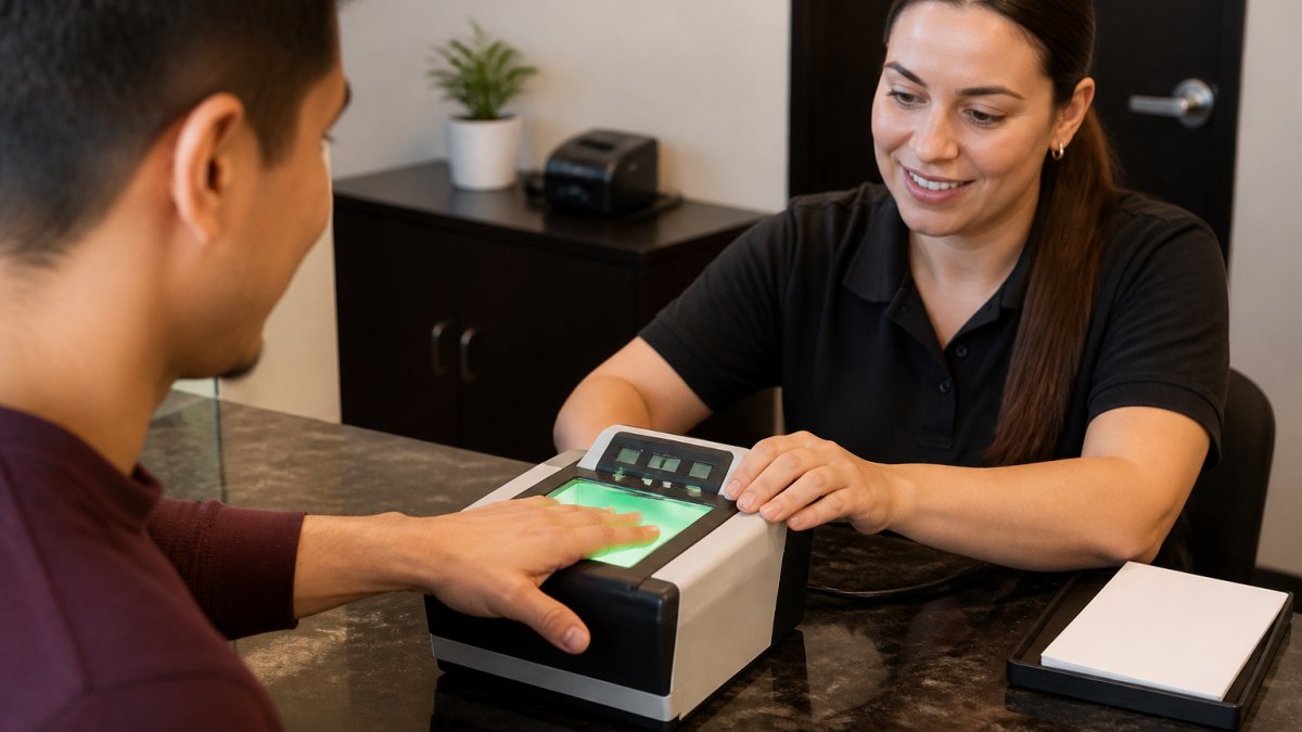 A person pressing their fingers onto a digital Live Scan fingerprint scanner in a clean, well-lit storefront office, with a friendly technician guiding them from the other side of the counter