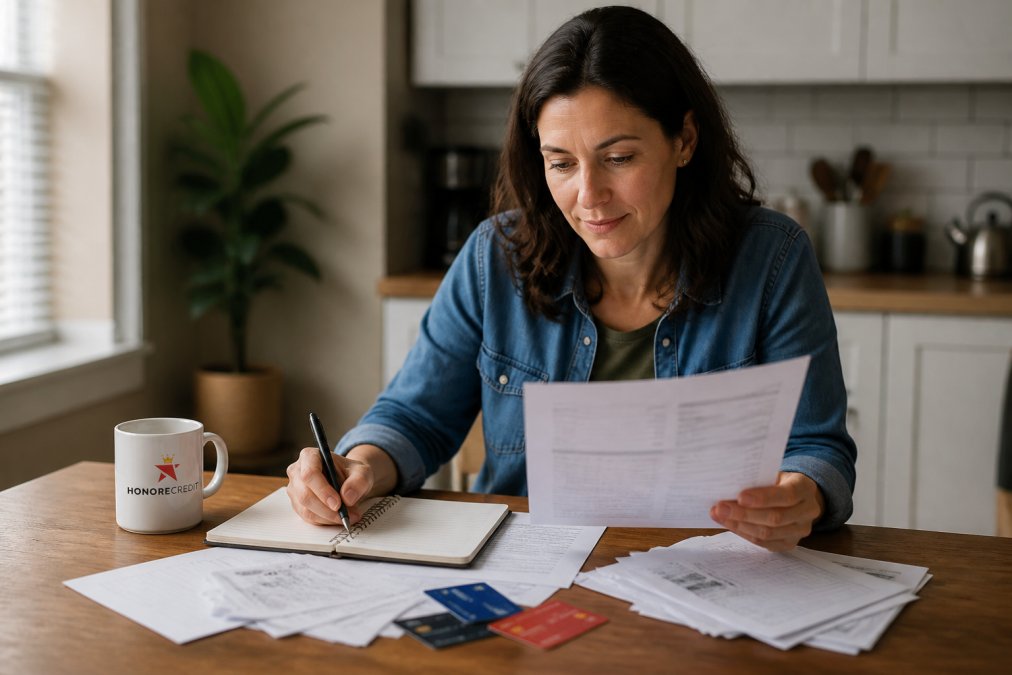 A person at a kitchen table reviewing credit card statements and a notebook with a laptop open, looking focused and relieved