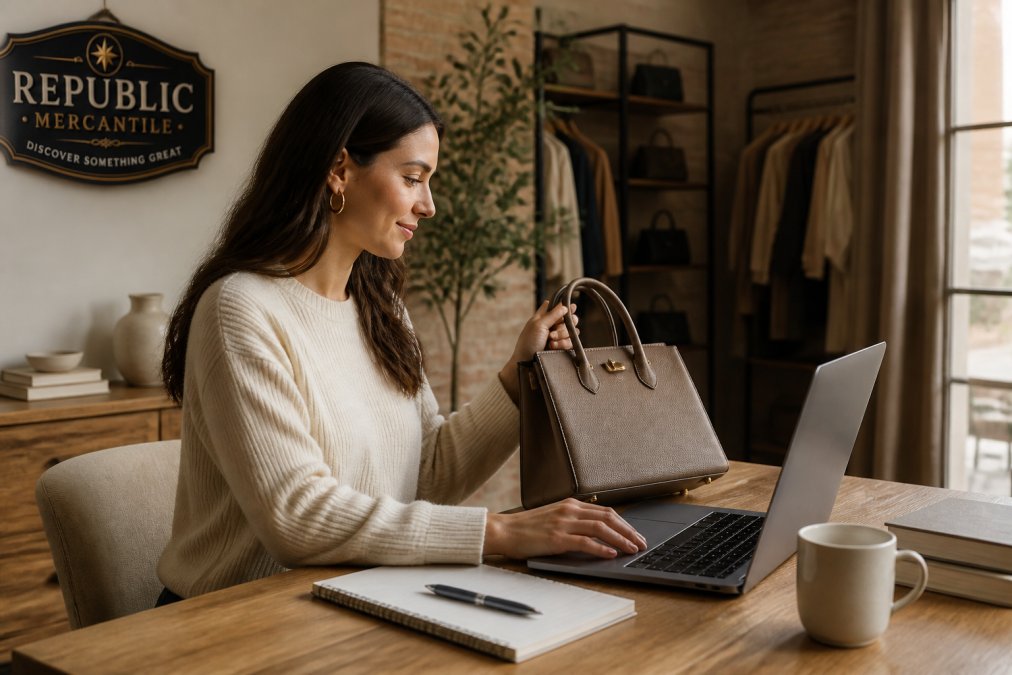 A woman sitting at a wooden desk with a laptop open to a resale website, holding a designer handbag under soft natural window light, with a notepad and coffee cup nearby