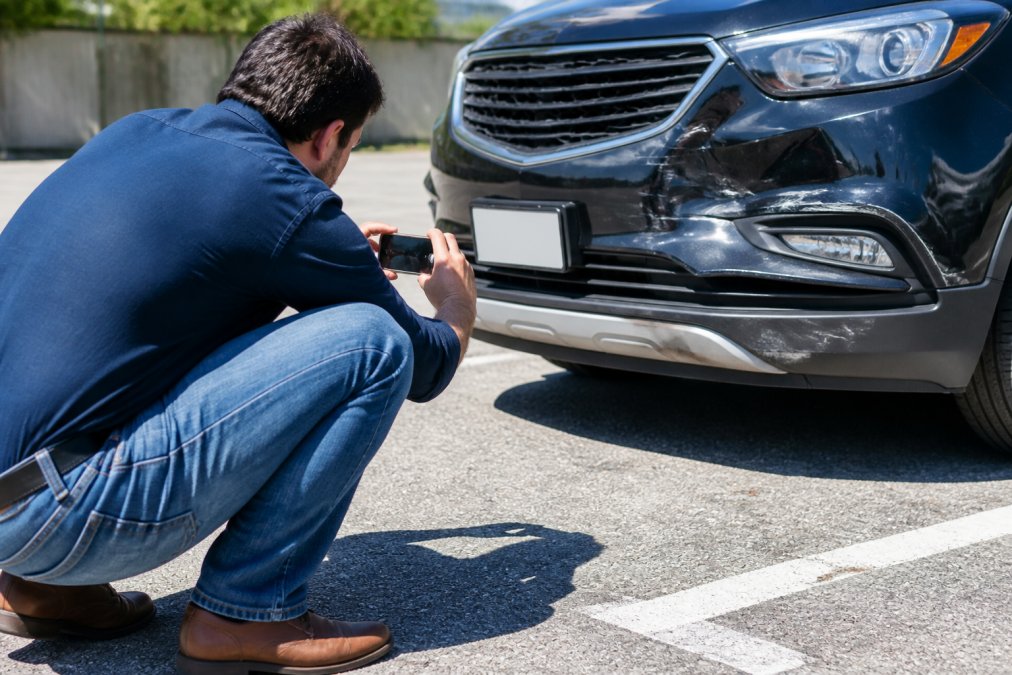 A person crouching by a damaged car in a parking lot, using a smartphone to photograph the dented bumper and visible license plate in bright daylight