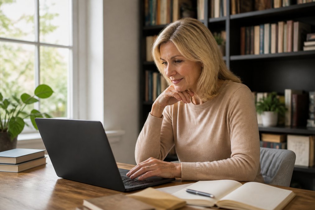 An author reviewing engagement metrics on a laptop in a bright home office, surrounded by bookshelves and natural window light