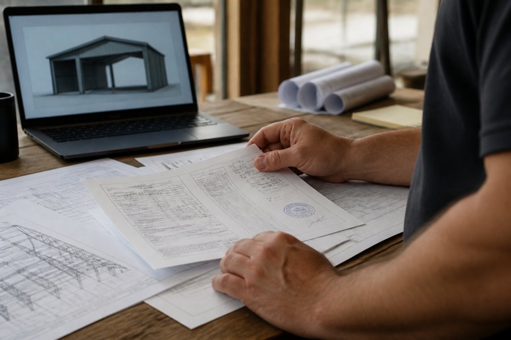Close-up of hands reviewing engineer-stamped blueprints and structural calculations on a wooden desk, with a laptop showing a 3D metal building design in the background
