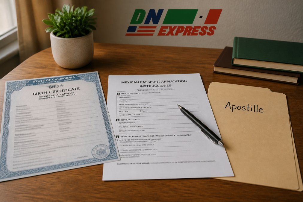 A close-up of a wooden desk with a U.S. birth certificate, a Mexican passport application form, a black pen, and a manila folder labeled 'Apostille' under warm home office lighting