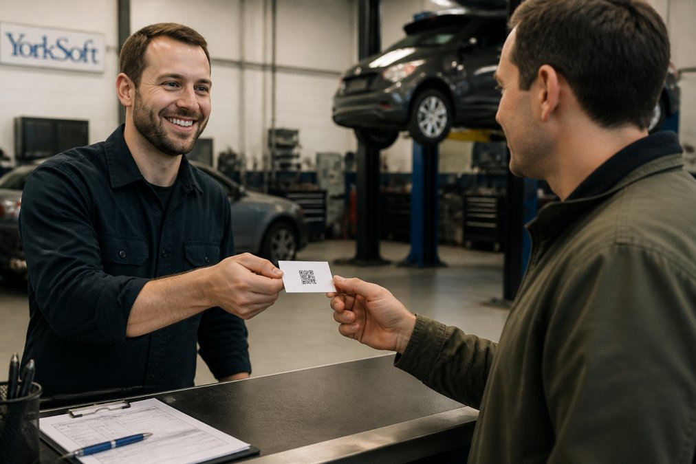 Mechanic handing a business card with a review request QR code to a satisfied customer in a well-lit garage workshop, with service bay visible in background