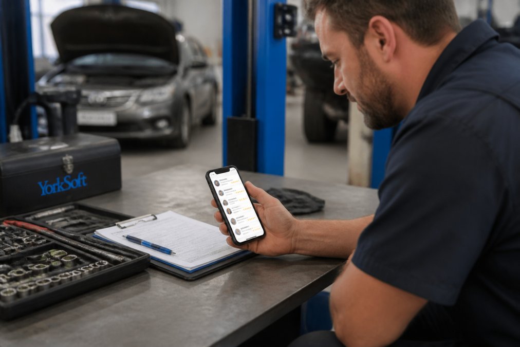 Mechanic checking smartphone displaying incoming customer reviews and ratings on a bright workbench in garage, with tools and service documentation visible