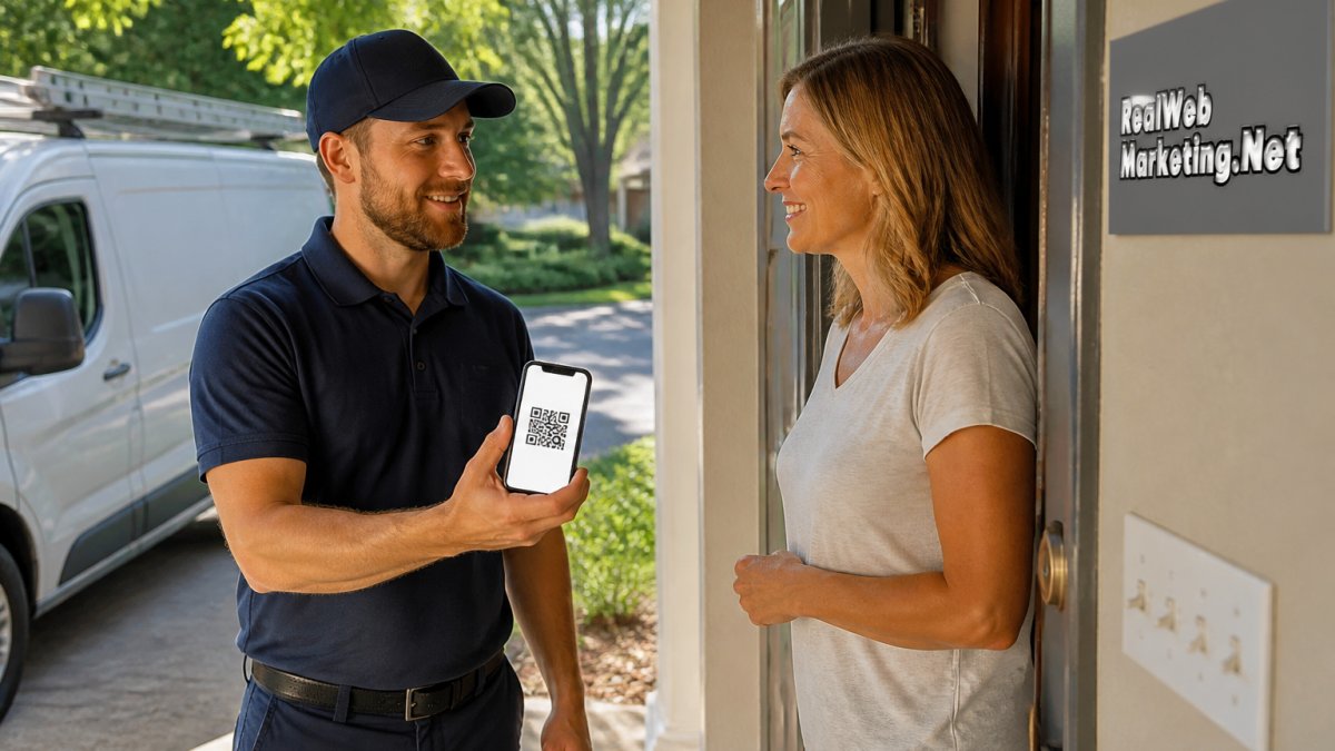 A service technician in uniform holding up a smartphone showing a QR code to a smiling homeowner at their front door, bright afternoon light, work van visible in the driveway