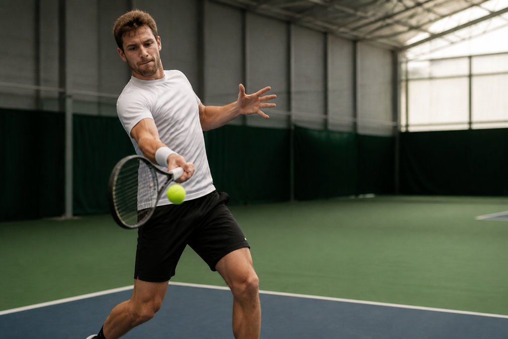Professional tennis player at the moment of contact, racquet brushing upward across the ball with visible follow-through, indoor court with natural side lighting showing the upward arc motion