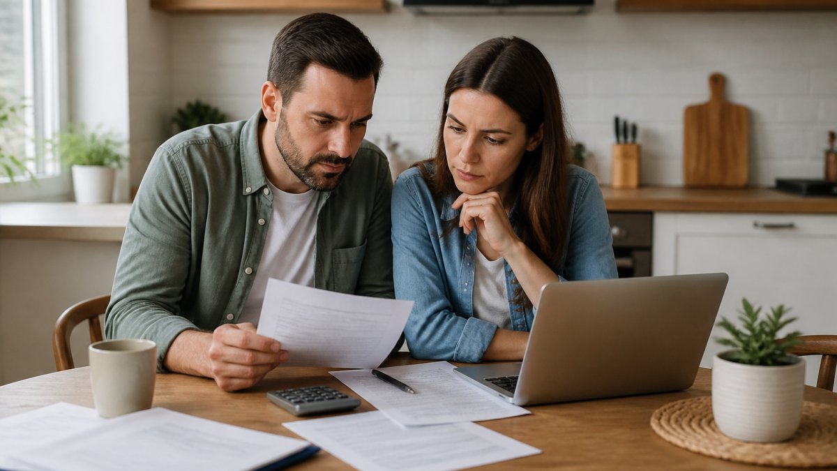 A couple sitting at a kitchen table with a laptop, mortgage documents, and a calculator, reviewing their finances together in a bright home office setting