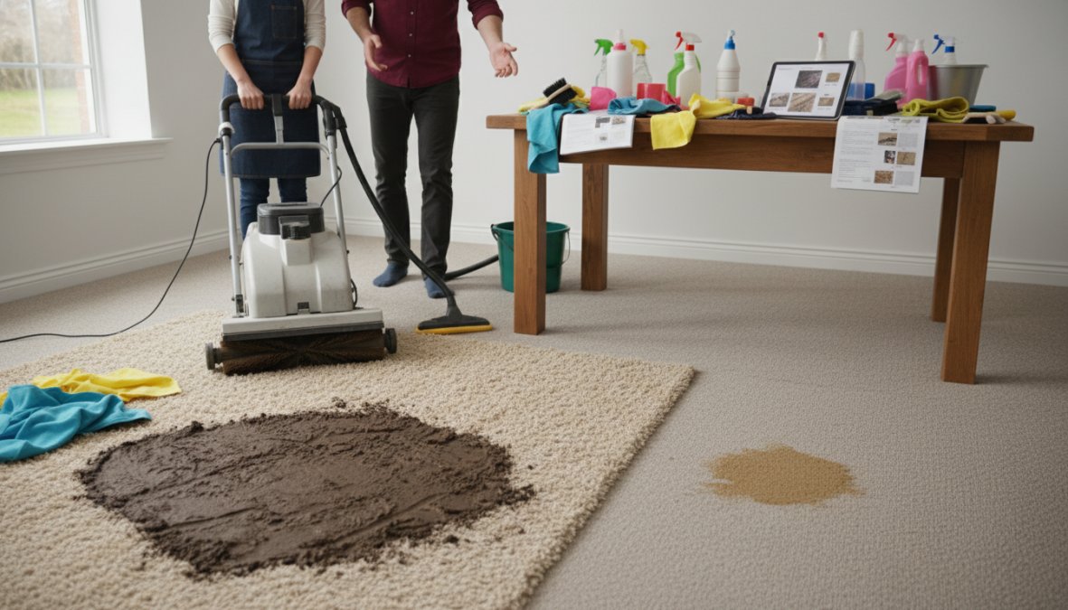 Overhead view of two carpet swatches side by side on a wooden surface, one tightly woven natural wool carpet and one synthetic loop pile carpet in a lighter color, with a small spray bottle and folded white cloth resting between them