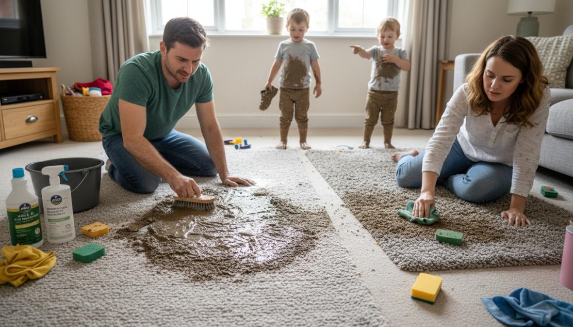 Person kneeling on a light beige carpet, blotting a muddy brown stain with a [clean](/blog/best-way-to-clean-carpets-in-lake-geneva) white cloth, a spray bottle and small bowl of soapy water visible on the floor nearby, natural window light illuminating the scene
