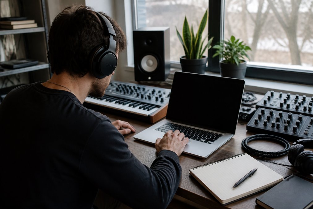 Music producer at a desk with headphones reviewing release notes and metadata on a laptop screen, surrounded by production equipment