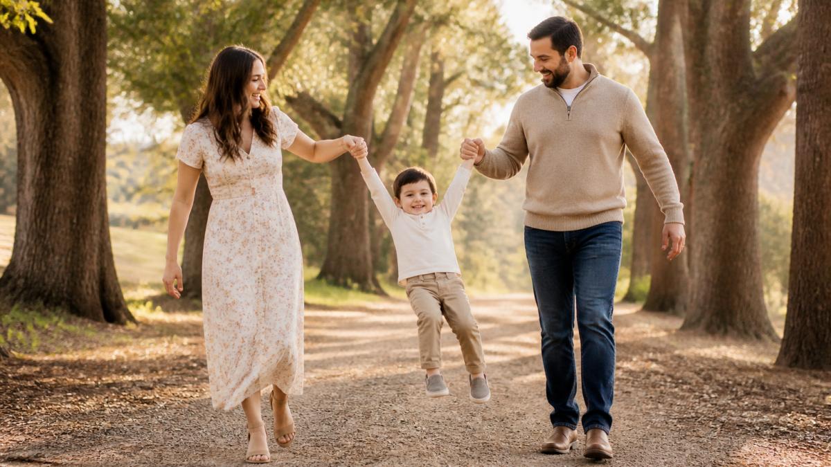 A family laughing while walking down a tree-lined path for natural family photos during golden hour.