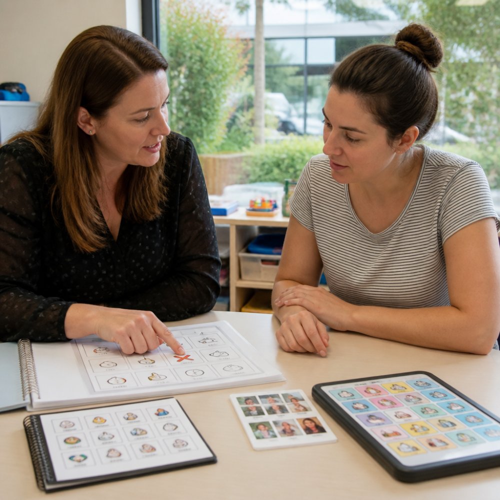 Speech pathologist and parent reviewing communication boards in a clinic