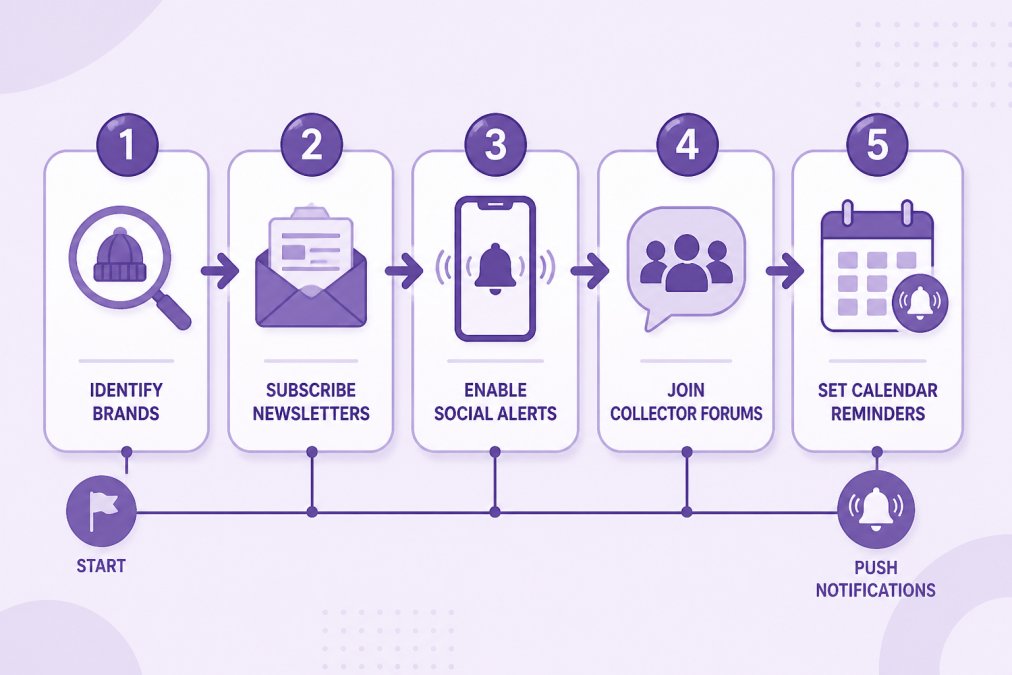 Flowchart showing a 5-step notification workflow: identify brands, subscribe to newsletters, enable social alerts, join collector forums, set calendar reminders with push notifications