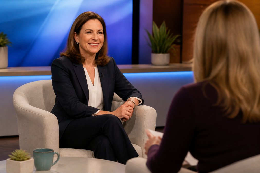 Confident author sitting in a studio chair preparing to get on TV as an author during a professional interview.