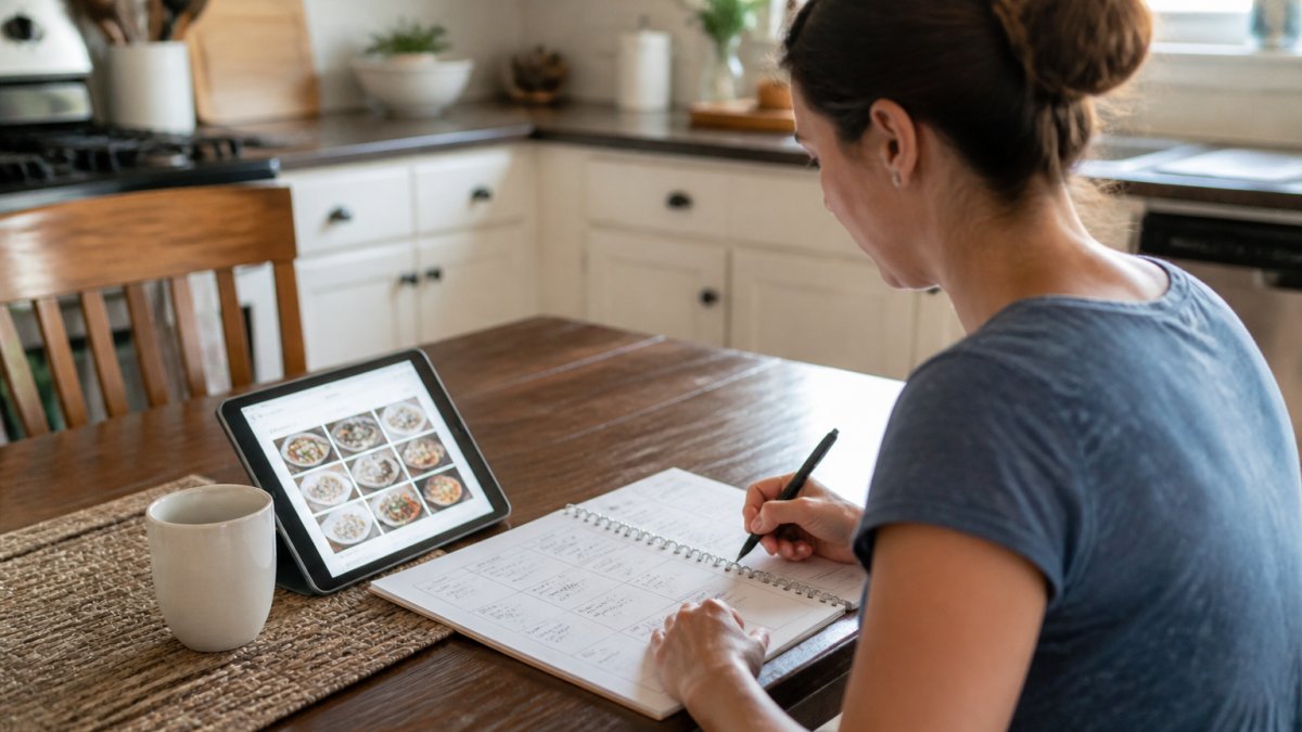 A mother comparing digital apps and printed meal planning guides at a kitchen table to organize weekly menus.