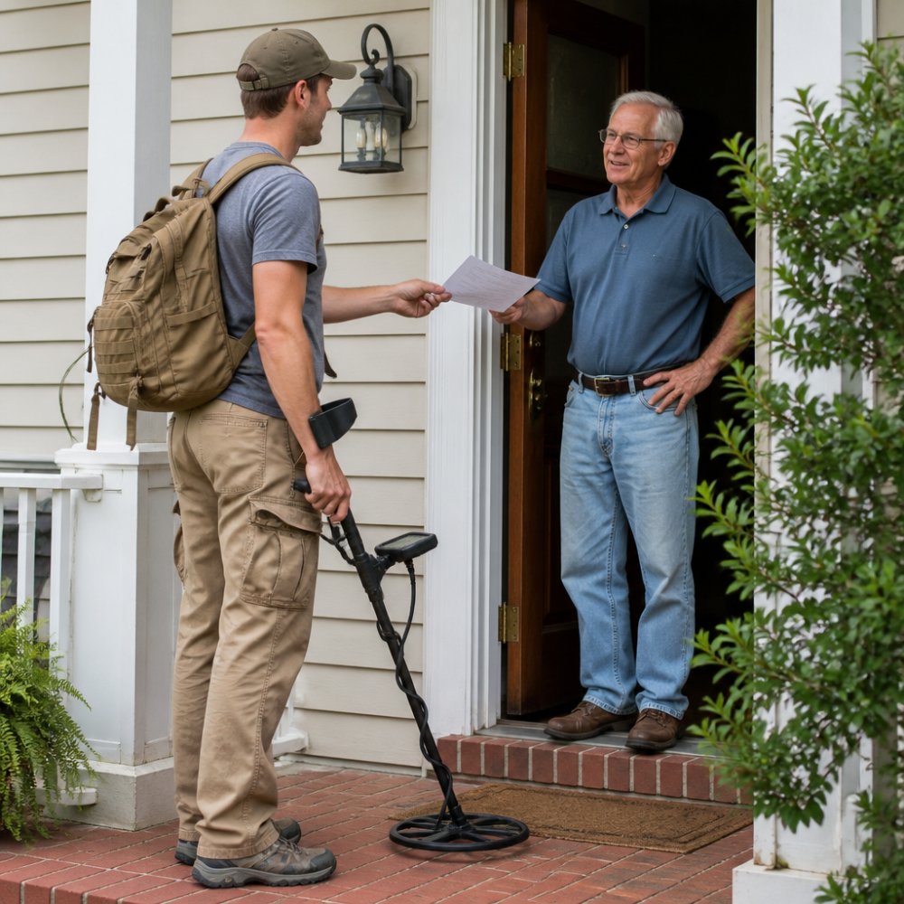 Metal detecting hobbyist standing respectfully at a residential front door holding a metal detector and permission letter, dressed neatly, during daytime with natural lighting