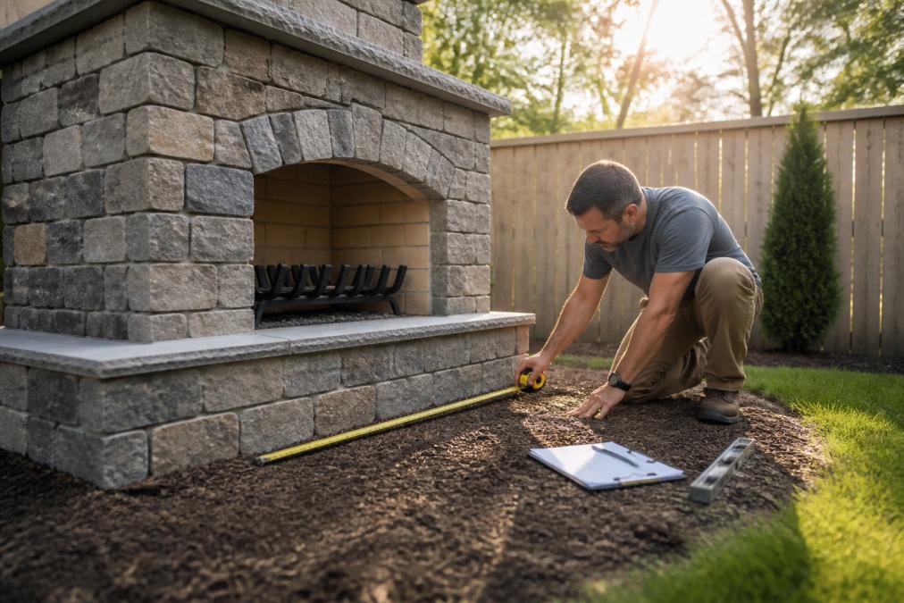 Homeowner measuring setback distance from outdoor fireplace to fence and property line with measuring tape, natural sunlight in residential backyard