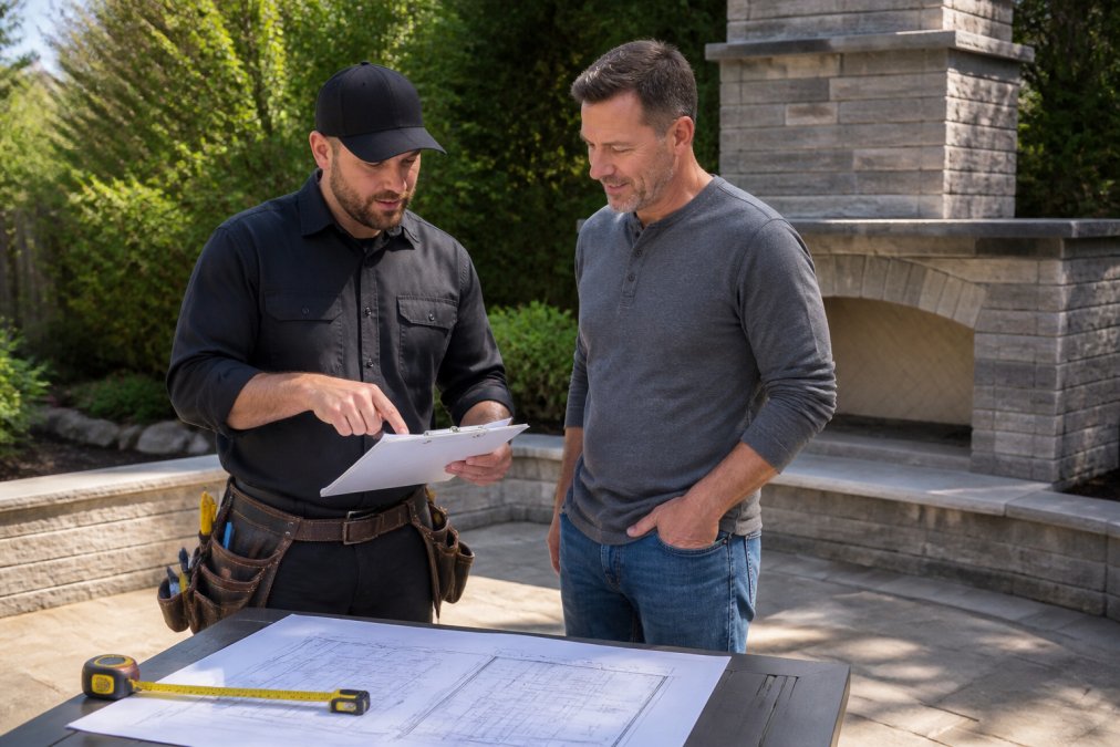 Licensed contractor discussing outdoor fireplace installation plans with homeowner in backyard, reviewing blueprints and measurements on clipboard