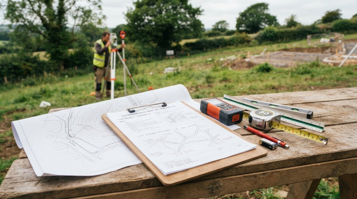 Civil engineer conducting site survey with measuring equipment and clipboard, examining ground conditions and taking soil samples on a residential property with visible topographical variations